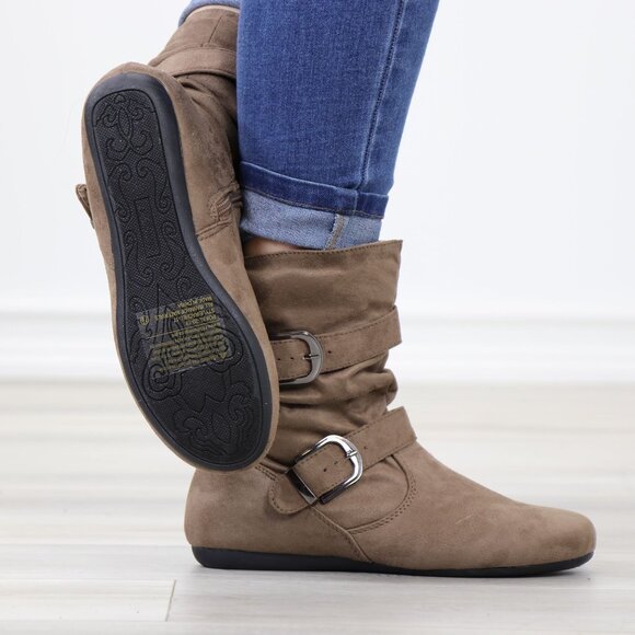 Taupe Faux Leather Slouch Ankle Boots Side Zipper Buckle Strap Flat Sole - Picture 5 of 12